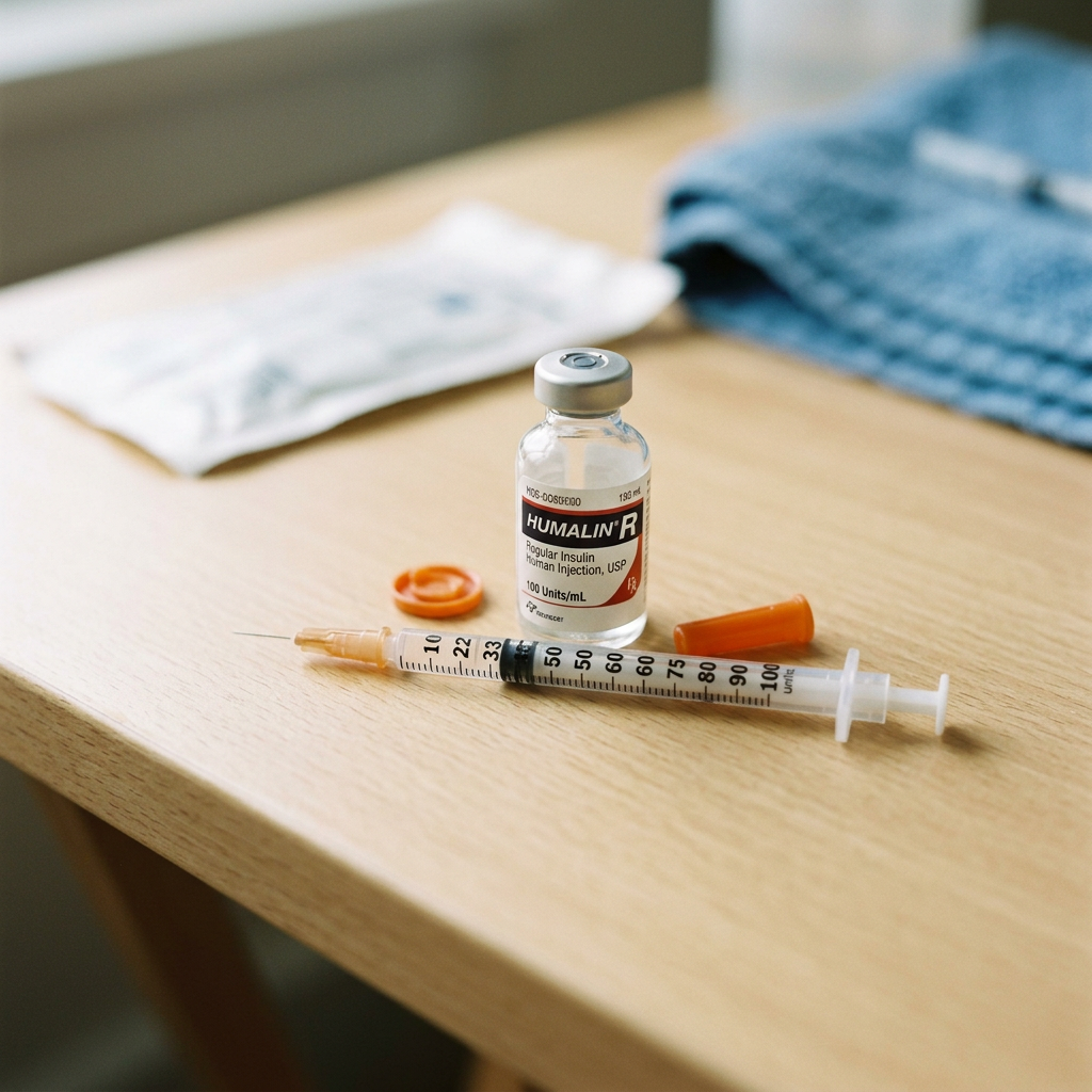 Humalin R insulin vial with syringe and orange caps on wooden surface
